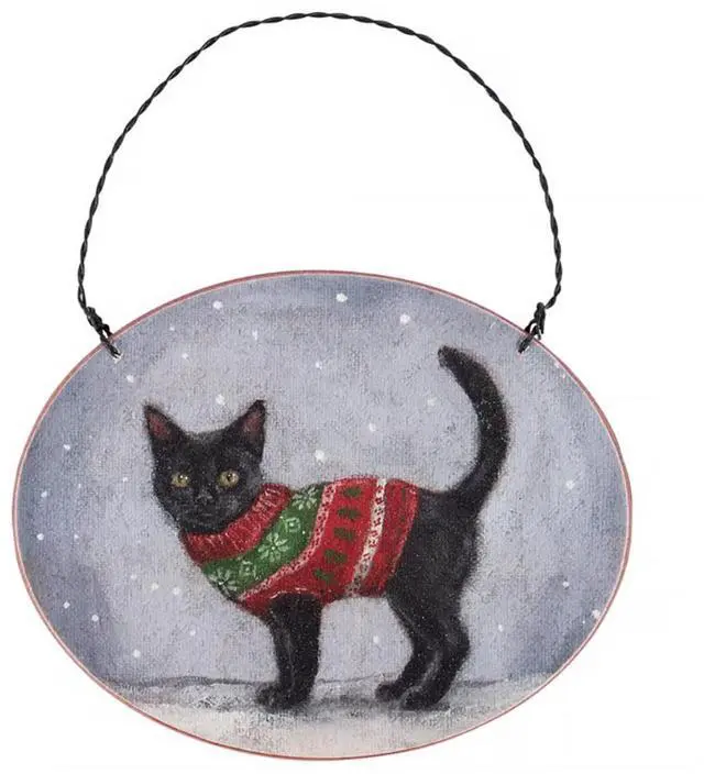 Main image of Primitives By Kathy Cozy Black Cat with Sweater Wooden Christmas Ornament