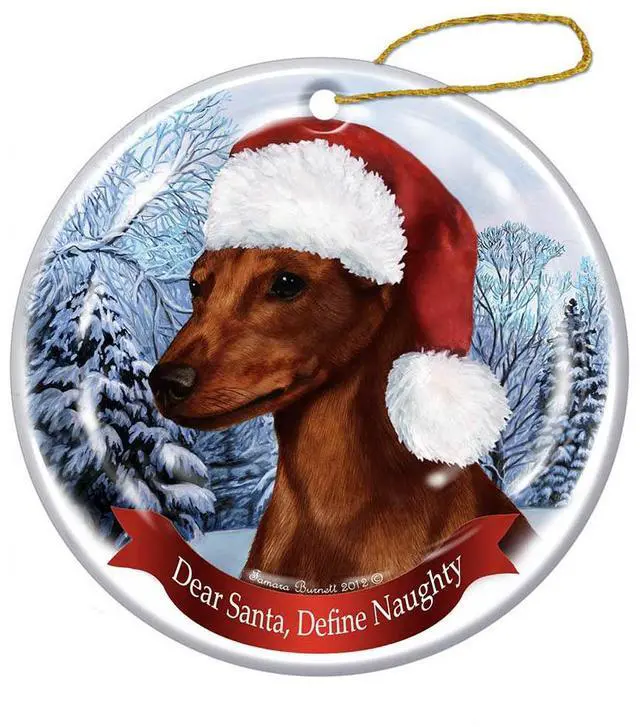 Main image of Holiday Pet Gifts Min Pin (Red) Santa Hat Dog Porcelain Christmas Tree Ornament