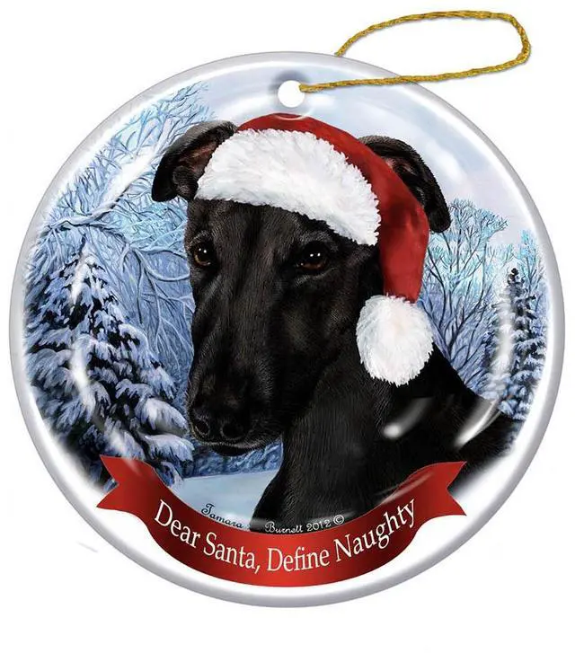 Main image of Holiday Pet Gifts Black Greyhound Santa Hat Dog Porcelain Christmas Ornament