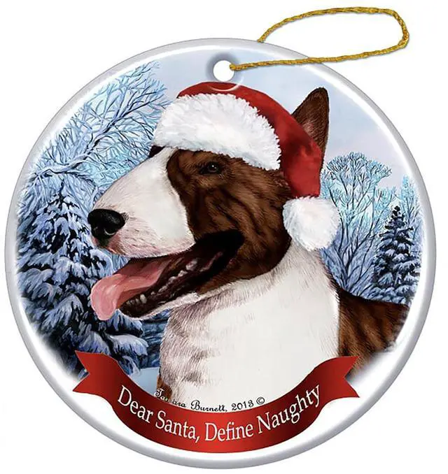 Main image of Holiday Pet Gifts Bull Terrier Brindle Dog Santa Hat Porcelain Ornament