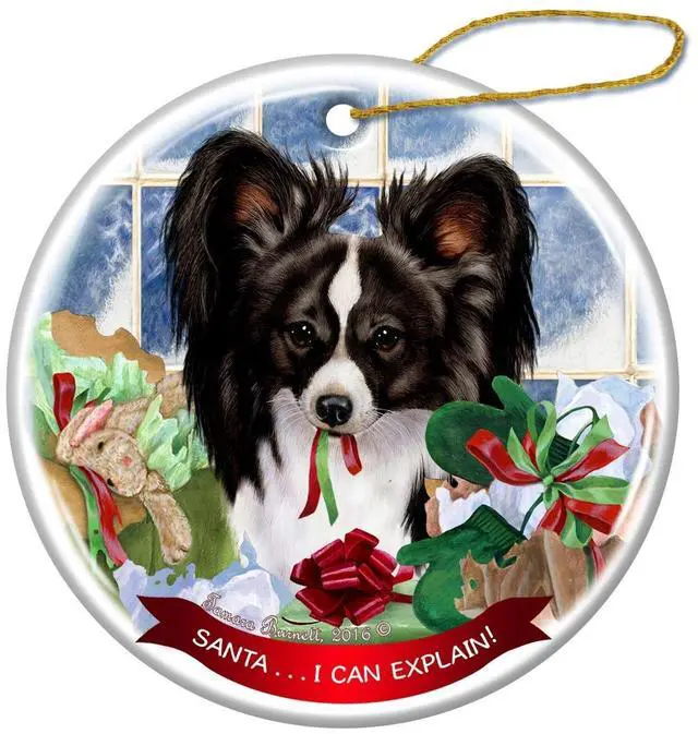 Main image of Black and White Papillon Dog Porcelain Ornament Pet Gift 'Santa.. I Can Explain!