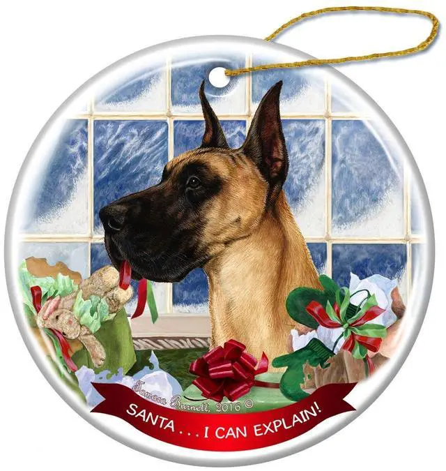 Main image of Fawn Great Dane Cropped Dog Porcelain Ornament Pet Gift 'Santa.. I Can Explain!
