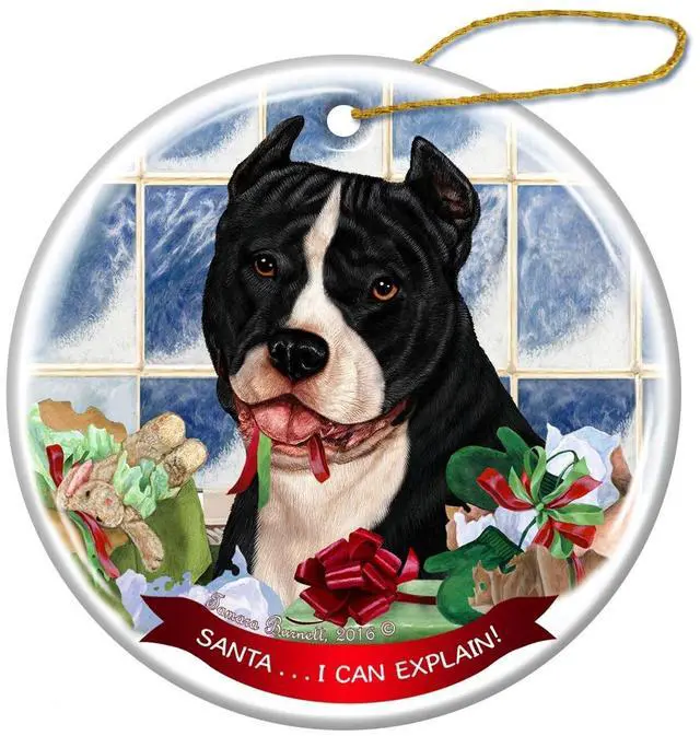 Main image of Black and White Pit Bull Cropped Dog Porcelain Ornament 'Santa.. I Can Explain!'