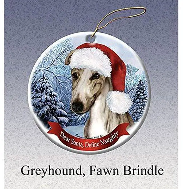 Main image of Holiday Pet Gifts Greyhound, Fawn Brindle Santa Hat Dog Porcelain Ornament