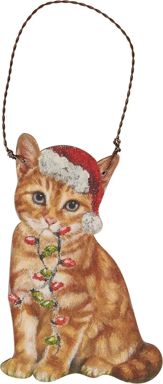 Main image of Primitives By Kathy Orange Cat with Santa Hat and Scarf Wooden Christmas Ornament