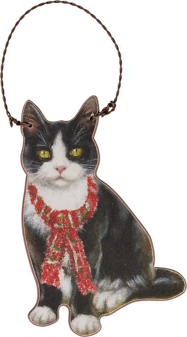 Main image of Primitives By Kathy Tuxedo Cat with Holiday Scarf Wooden Christmas Ornament