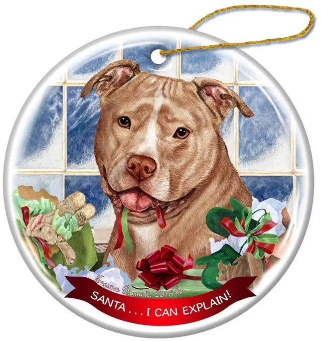 Main image of Cream and White Pit Bull Uncropped Dog Porcelain Ornament 'Santa. I Can Explain!