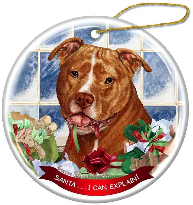 Main image of Orange and White Pit Bull Uncropped Porcelain Ornament 'Santa.. I Can Explain!