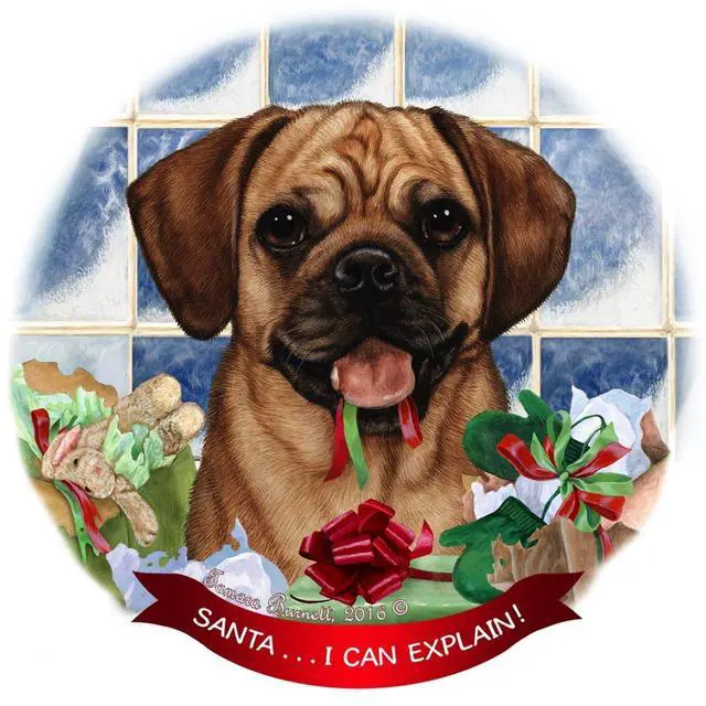 Main image of Puggle Dog Porcelain Hanging Ornament Pet Gift 'Santa.. I Can Explain!'