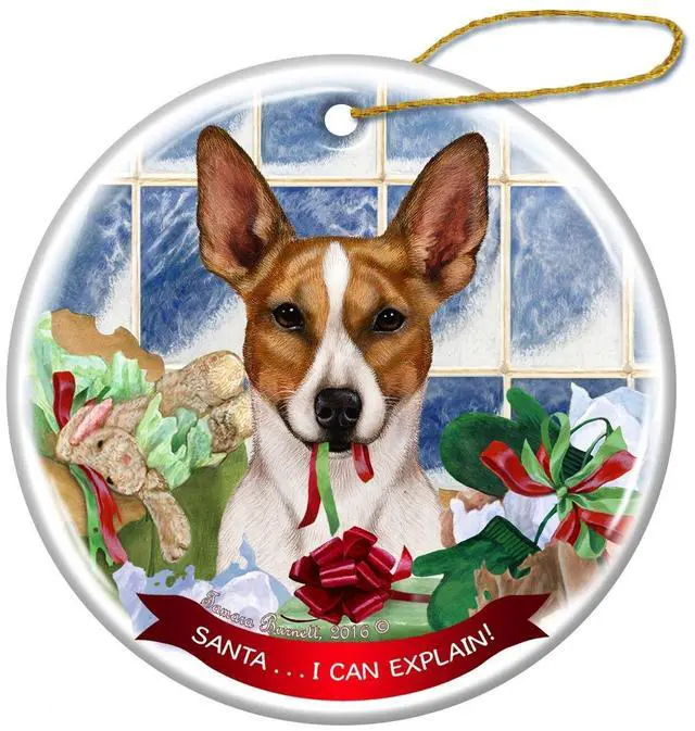 Main image of Tan and White Rat Terrier Dog Porcelain Ornament 'Santa.. I Can Explain!'