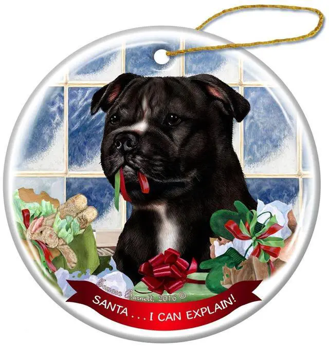 Main image of Black & White Staffordshire Bull Terrier Porcelain Ornament Santa I Can Explain