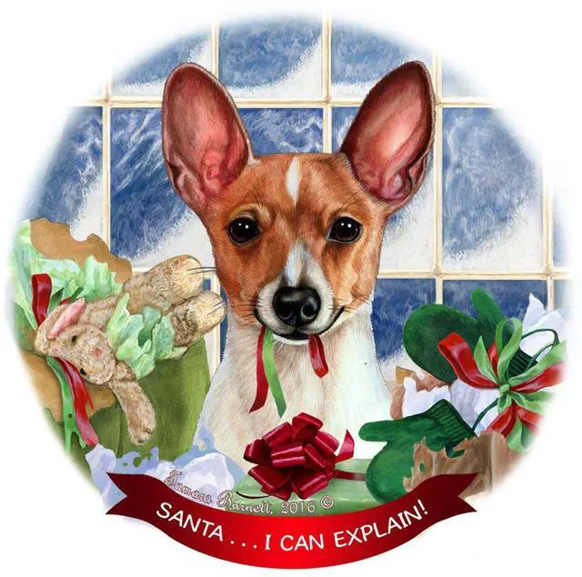 Main image of Red and White Toy Fox Terrier Dog Porcelain Ornament 'Santa.. I Can Explain!'