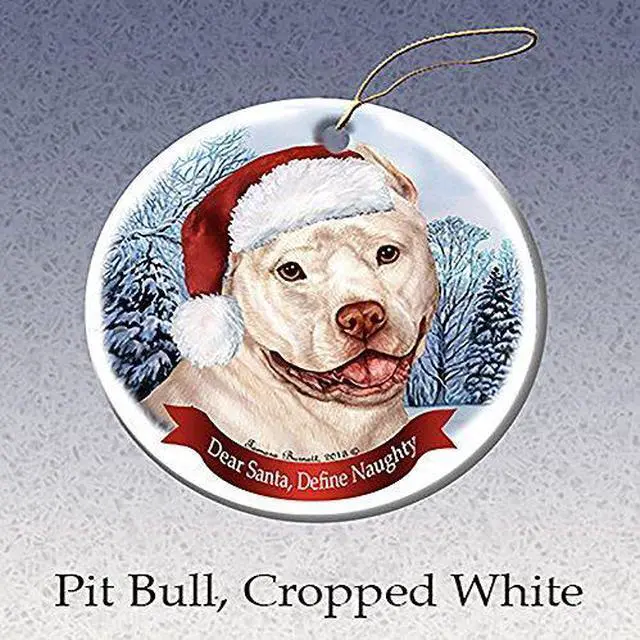 Main image of Holiday Pet Gifts White Pit Bull (Cropped) Santa Hat Dog Porcelain Ornament
