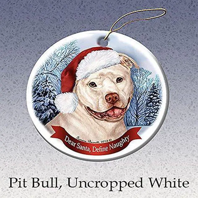 Main image of Holiday Pet Gifts White Pit Bull (Uncropped) Santa Hat Dog Porcelain Ornament