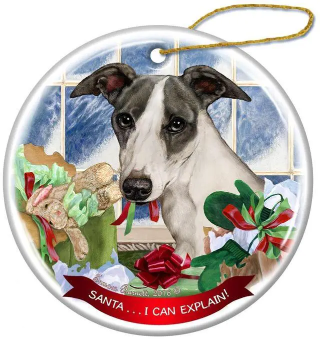 Main image of Blue Whippet Dog Porcelain Hanging Ornament Pet Gift 'Santa.. I Can Explain!