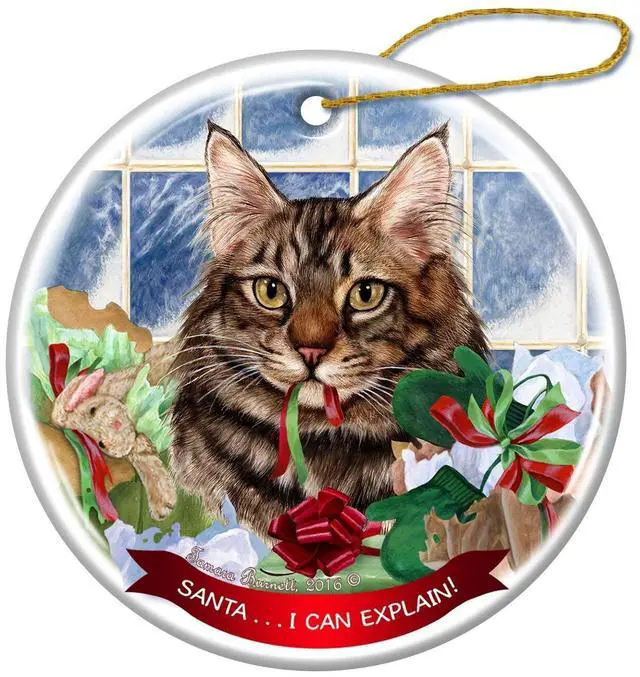 Main image of Maine Coon Brown Tabby Cat Porcelain Ornament Pet Gift 'Santa.. I Can Explain!'
