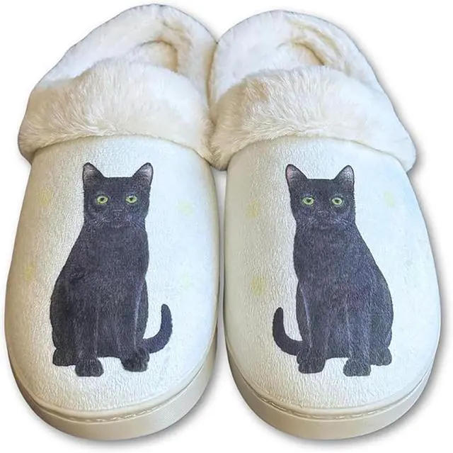 Main image of E&S Pets Black Cat Snugg Slippers for Pet Lovers - Fuzzy Memory Foam, S/M