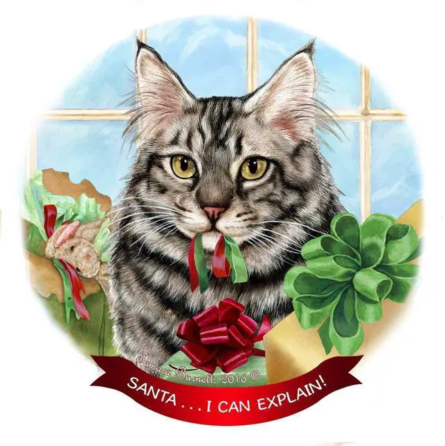 Main image of Maine Coon Silver Tabby Cat Porcelain Ornament Pet Gift 'Santa.. I Can Explain!