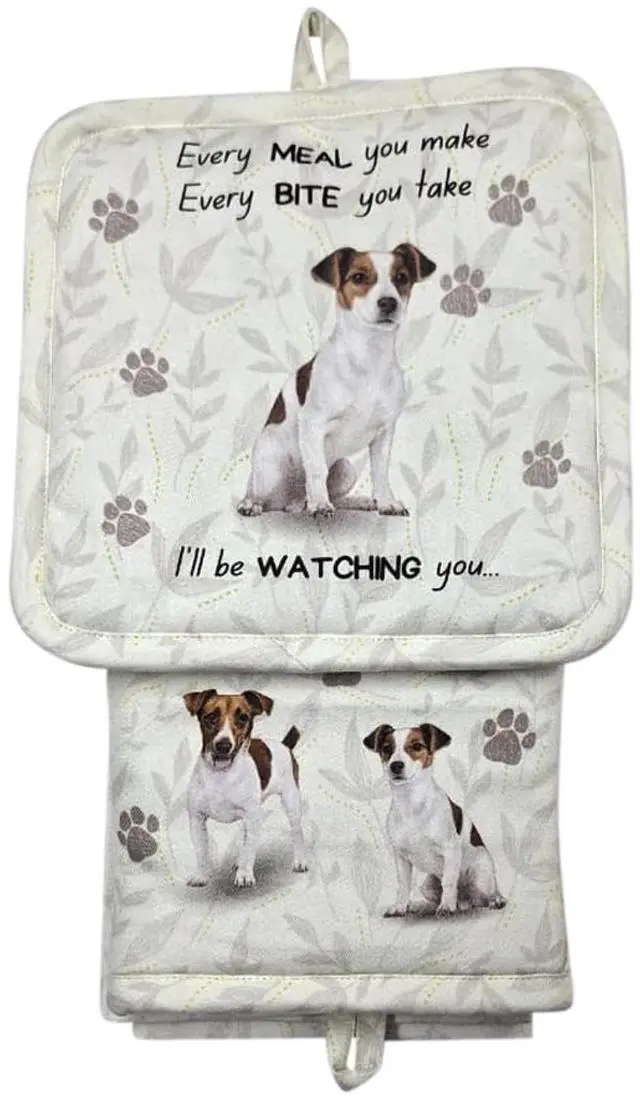 Alt view image 2 of 2 - E&S Pets Jack Russell Terrier 3 Piece Kitchen Set - Oven Mitt, Towel, Pot Holder