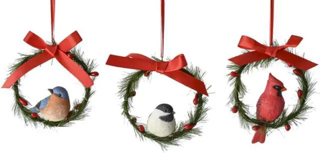 Main image of Ganz MX179718 Cardinal, Bluebird,Chickadee Wreath Ornaments, Set of 3, 4.75"