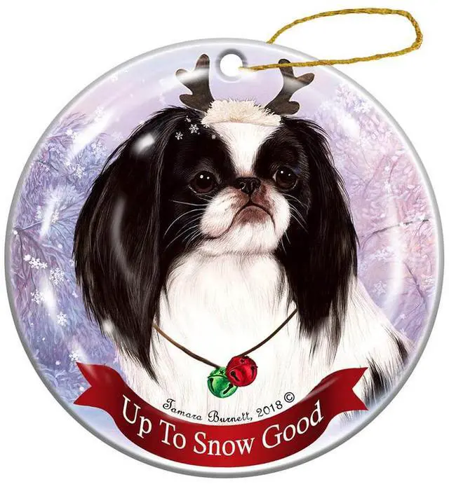 Main image of Holiday Pet Gifts Black/White Japanese Chin Reindeer Dog Porcelain Ornament