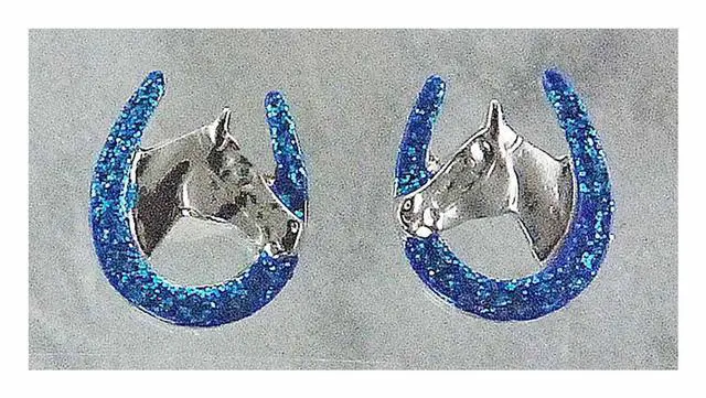 Main image of Finishing Touch Horse Head In Horseshoe Glitter Earrings, Teal Blue