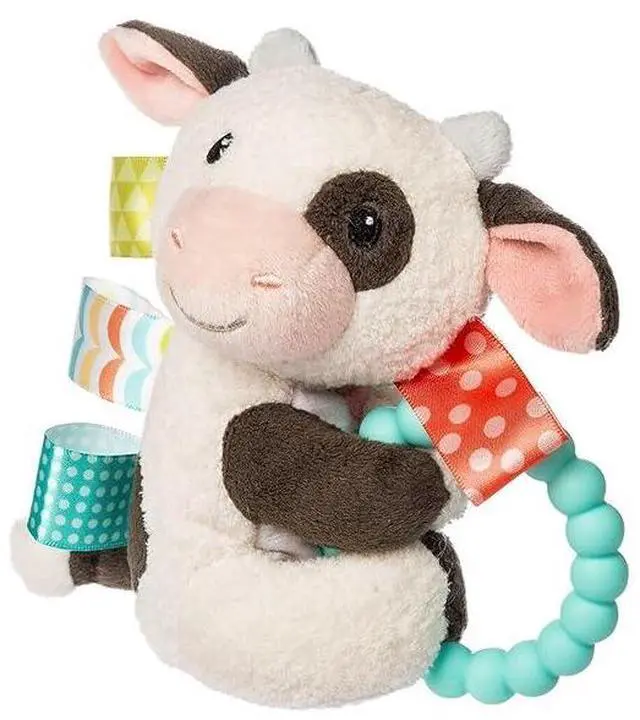 Main image of Taggies Soft Baby Rattle with Teether Ring and Sensory Tags, 6", Buttercup Cow