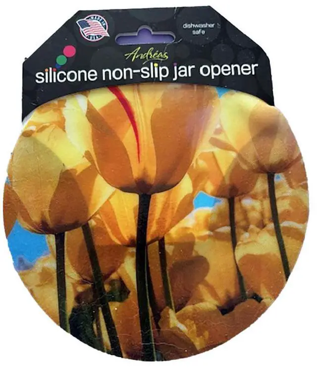 Main image of Andreas Round Silicone Mat Jar Opener, Yellow Tulips, 6.25 Inch
