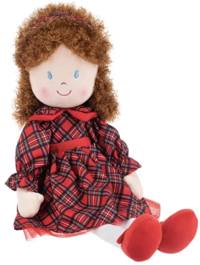 Alt view image 2 of 2 - Ganz Faith Rag Doll with Brown Hair with a Red Holiday Tartan Dress , 20" H