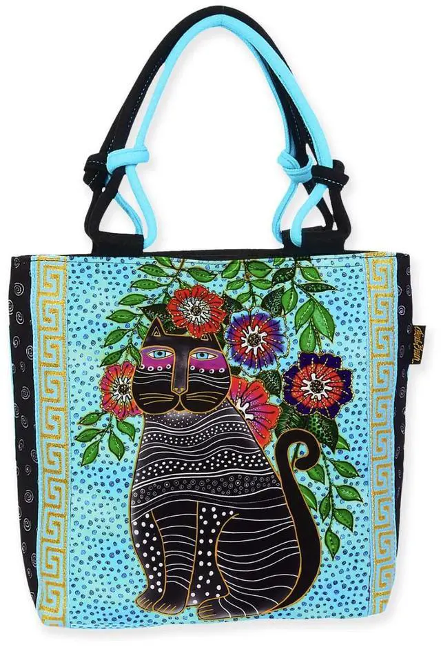 Main image of Laurel Burch Kitty Noir Black Cat with Flowers Small Tote, 10" x 2.75" x 9.75"