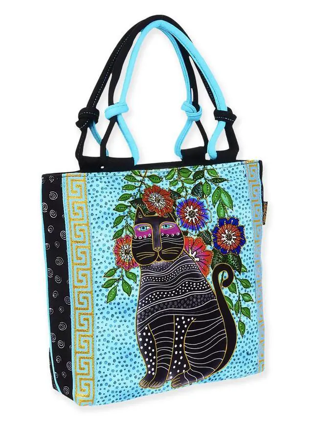 Alt view image 3 of 3 - Laurel Burch Kitty Noir Black Cat with Flowers Small Tote, 10" x 2.75" x 9.75"