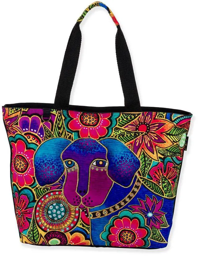 Main image of Laurel Burch Astra Bleu Pup Large Tote Dog Print Shoulder Bag, 19 x 5.5 x 14.5"