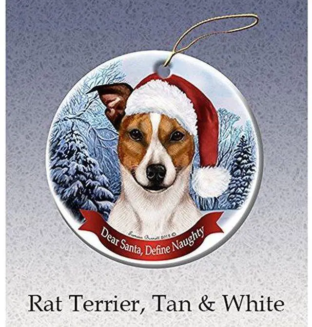 Main image of Holiday Pet Gifts Rat Terrier (Tan & White) Santa Hat Dog Porcelain Ornament