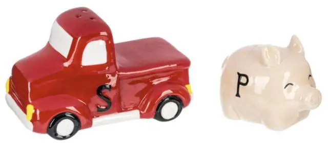 Alt view image 2 of 2 - Ganz Bless This Farm Stacking Salt/Pepper Shaker Set, Pig & Red Truck