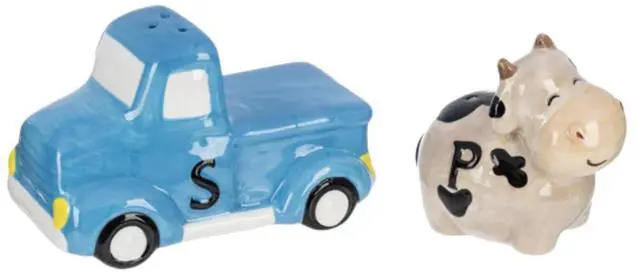 Alt view image 2 of 2 - Ganz Bless This Farm Stacking Salt/Pepper Shaker Set, Cow & Red Truck