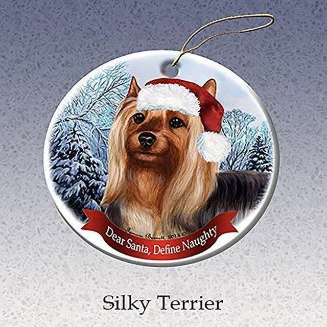 Main image of Holiday Pet Gifts Silky Terrier Santa Hat Dog Porcelain Christmas Tree Ornament