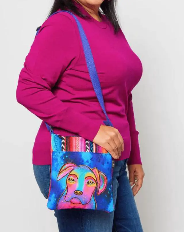 Alt view image 3 of 3 - Laurel Burch Woof Dog Small Crossbody Shoulder Bag, 8.5" x 10"