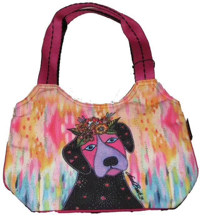 Main image of Laurel Burch Violet Puppy Dog with Flowers Small Scoop Tote Bag, 12.5x 9.5