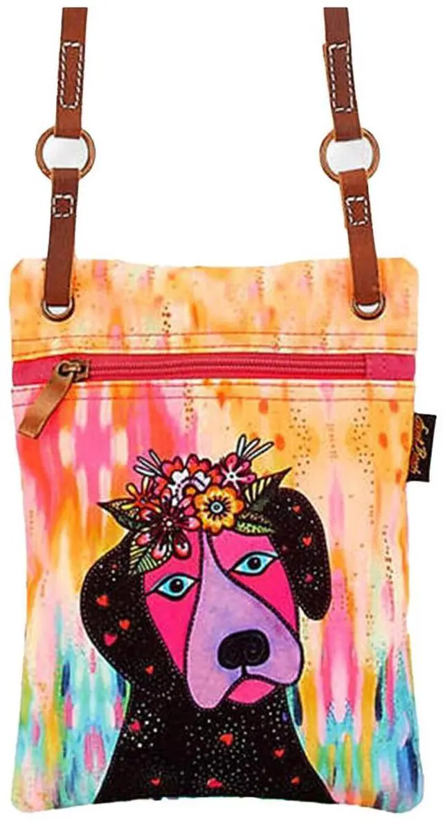 Main image of Laurel Burch Violet Puppy Dog with Flowers Small Crossbody Bag, 6.5x 8.5