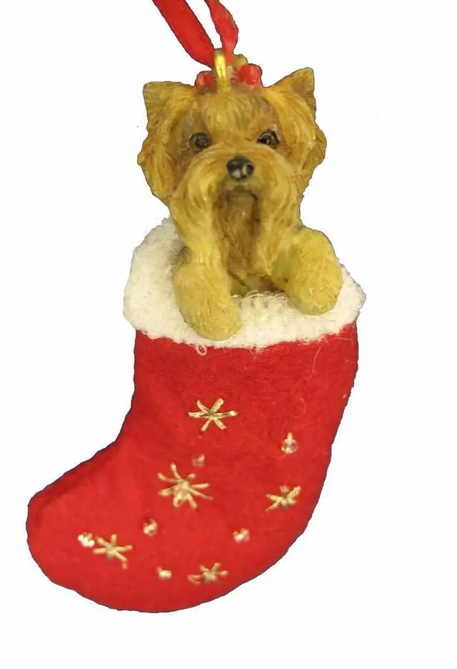 Main image of Yorkie Puppy Christmas Stocking Ornament Hand Painted and Stitched Detail