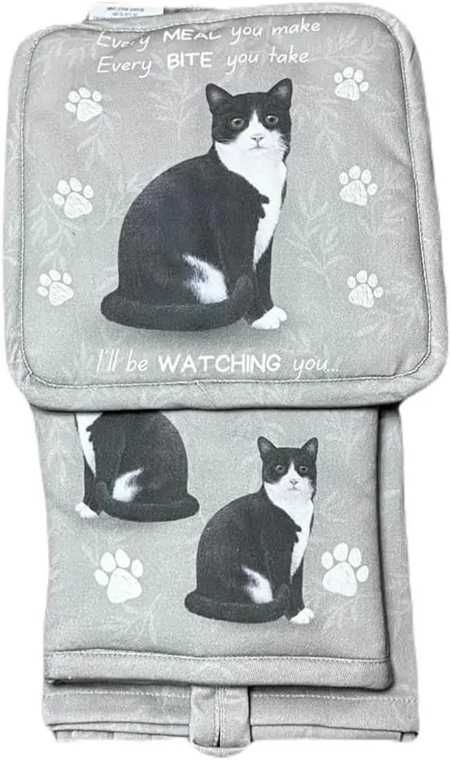 Main image of Black & White Cat 3-Piece Kitchen Set-Oven Mitt, Pot Holder & Kitchen Towel Set