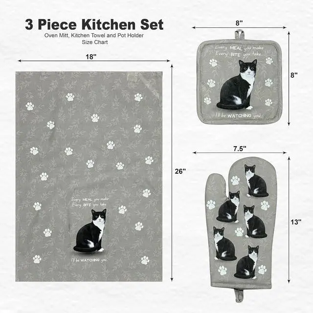 Alt view image 2 of 3 - Black & White Cat 3-Piece Kitchen Set-Oven Mitt, Pot Holder & Kitchen Towel Set