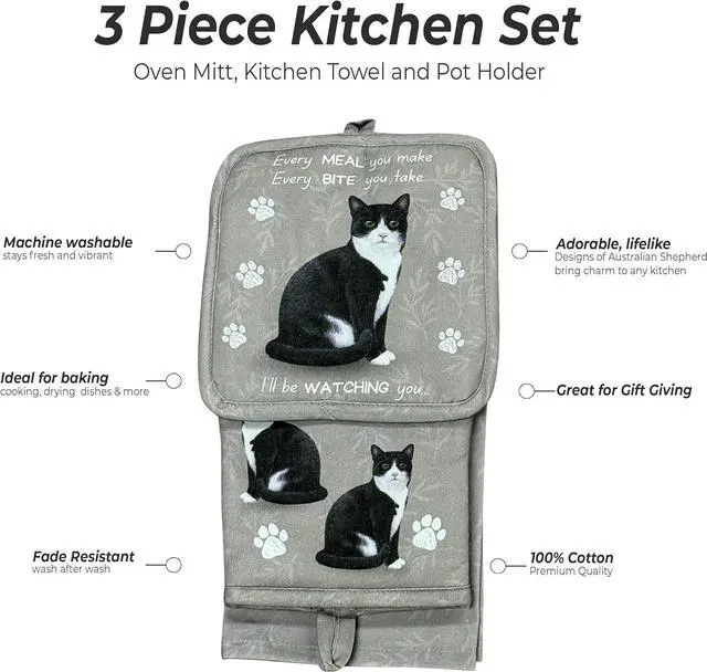 Alt view image 3 of 3 - Black & White Cat 3-Piece Kitchen Set-Oven Mitt, Pot Holder & Kitchen Towel Set
