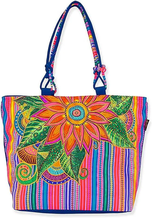 Main image of Laurel Burch Fleur Del Sol Flower & Stripes Large Shoulder Tote Bag, 20"x6"x15"