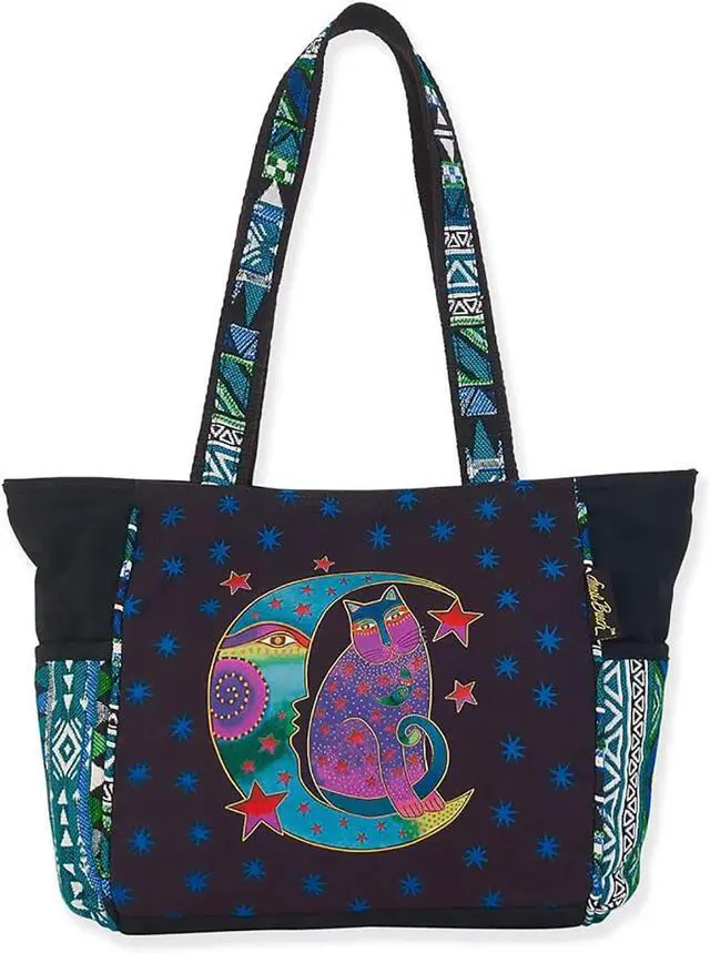 Main image of Laurel Burch Moonside Cat Feline Medium Shoulder Tote, 16" x 4" x 10"