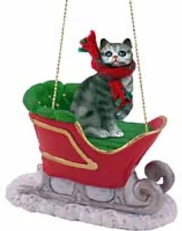Main image of Conversation Concepts Silver Shorthaired Tabby Cat Sleigh Holiday Ornament
