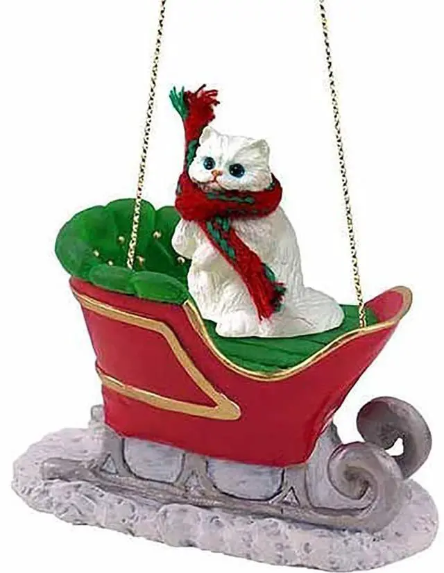 Main image of Conversation Concepts White Persian Cat Sleigh Holiday Ornament