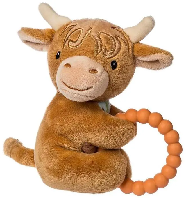 Main image of Mary Meyer Soft Baby Rattle with Soothing Teether Ring, 6", Hetty Highland Cow