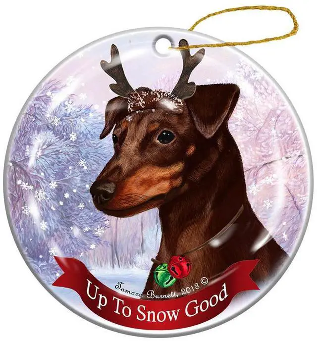 Main image of Holiday Pet Gifts Min Pin Chocolate Uncropped Dog Porcelain Christmas Ornament