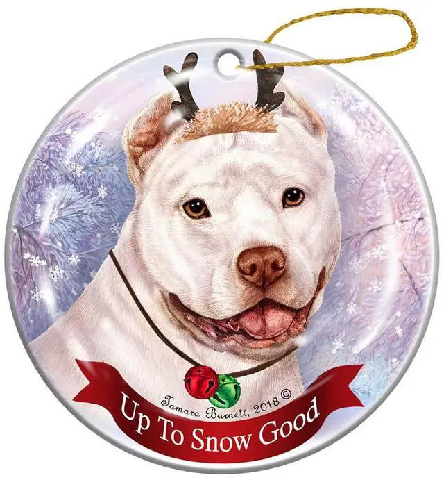 Main image of Holiday Pet Gifts White Pit Bull Cropped Dog Porcelain Christmas Ornament
